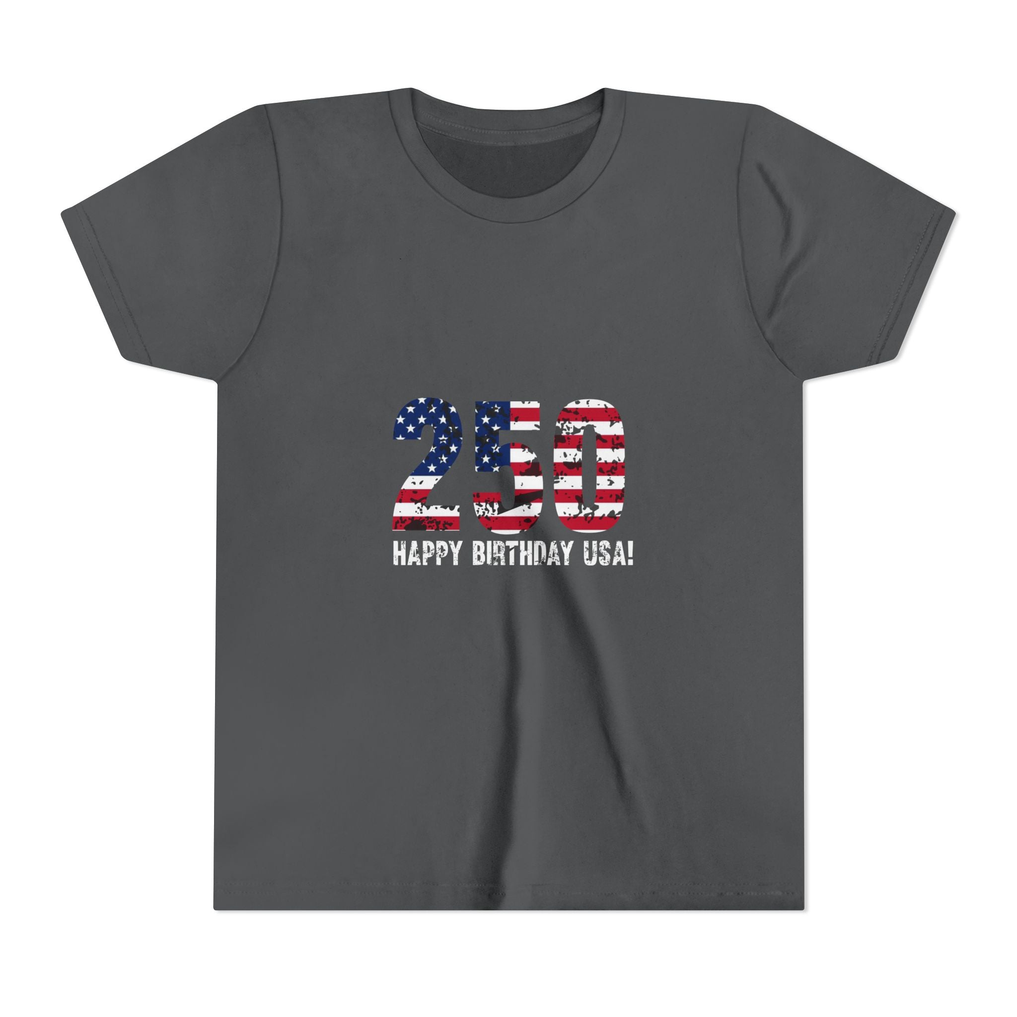 Youth Tee — "250 Happy Birthday USA!" Patriotic American Flag Kids Shirt