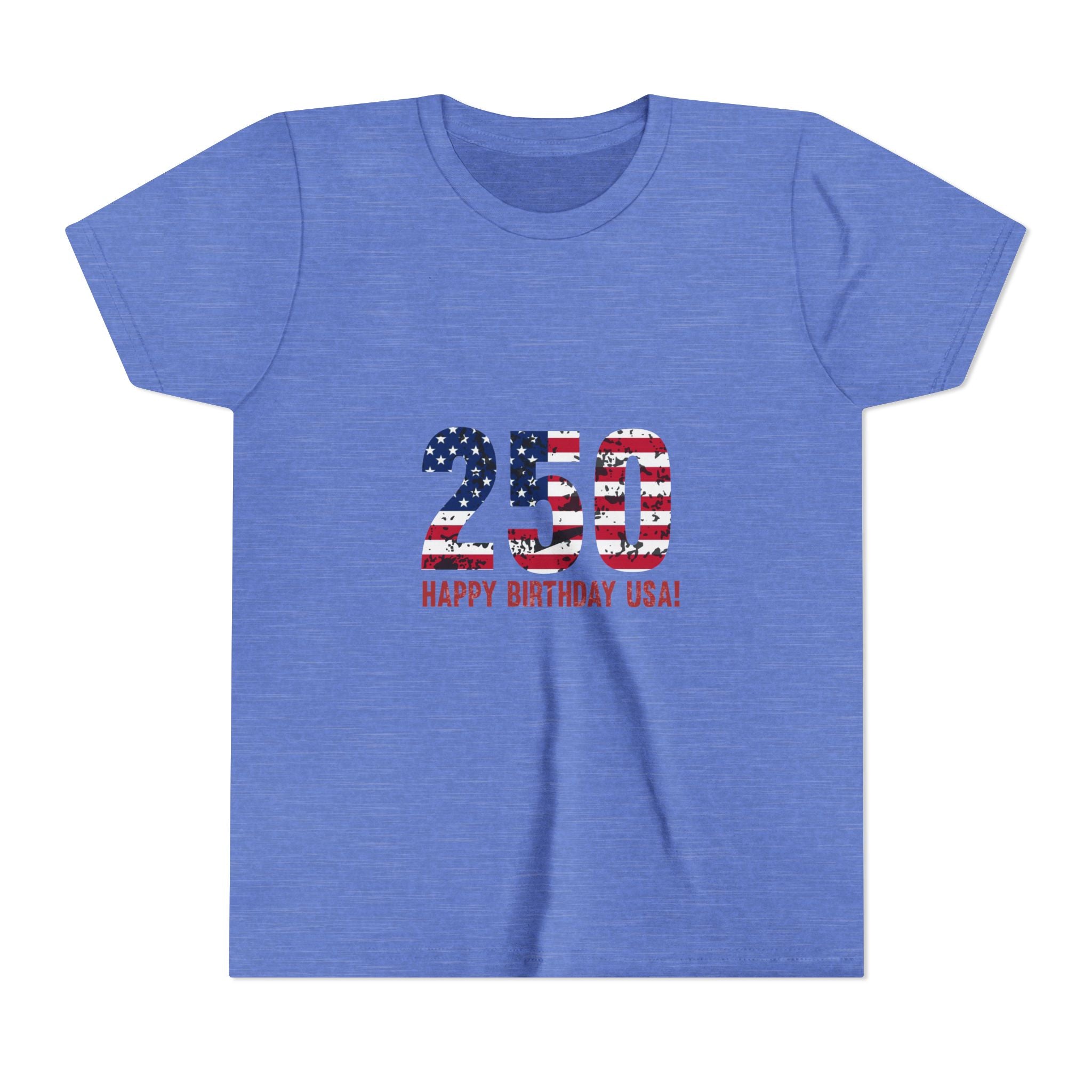 Youth Tee — "250 Happy Birthday USA!" Patriotic American Flag Kids Shirt