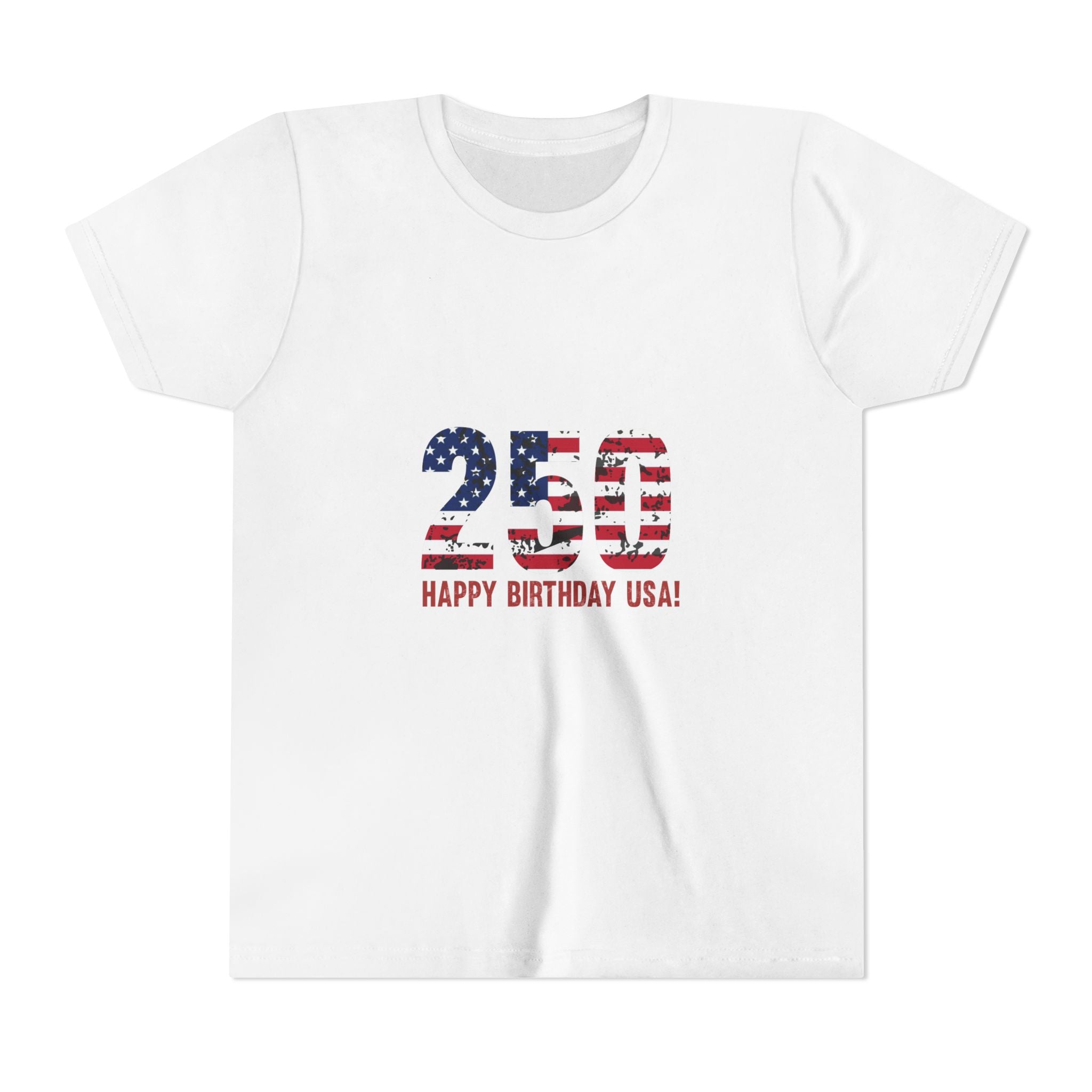 Youth Tee — "250 Happy Birthday USA!" Patriotic American Flag Kids Shirt
